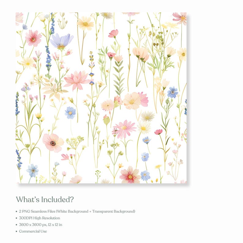 Watercolor Wildflower Seamless Pattern, Meadow Flowers Digital Paper, Soft Floral Repeat, Spring Cottagecore Pattern, Pastel Floral PNG image 8