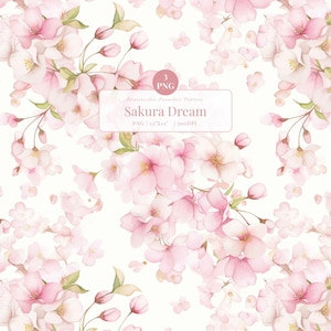 Può includere: Motivo floreale senza cuciture ad acquerello con delicati fiori di ciliegio rosa, boccioli e foglie verdi. Il design include il testo "Sakura Dream" e "PNG | 12"x12" | 300DPI". Il tema è floreale e primaverile.