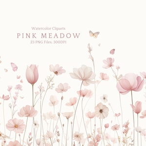 K&ouml;nnte beinhalten: Eine digitale Sammlung von Aquarell-Cliparts mit verschiedenen rosa Blumen und Schmetterlingen. Der Text lautet Watercolor Cliparts PINK MEADOW 23 PNG Files, 300DPI. Die Illustration zeigt eine Wiese mit zarten rosa Blumenst&auml;ngeln.