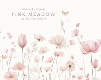 Watercolor Floral Borders Frames Png, Pink Wildflowers Clipart, Pink Wildflowers Bouquets, Baby girl shower, Bridal Shower, Invitation Card