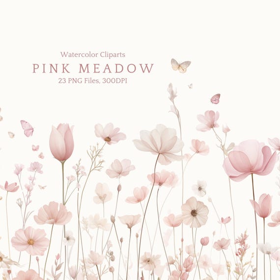 Watercolor Floral Borders Frames Png, Pink Wildflowers Clipart, Pink Wildflowers Bouquets, Baby girl shower, Bridal Shower, Invitation Card