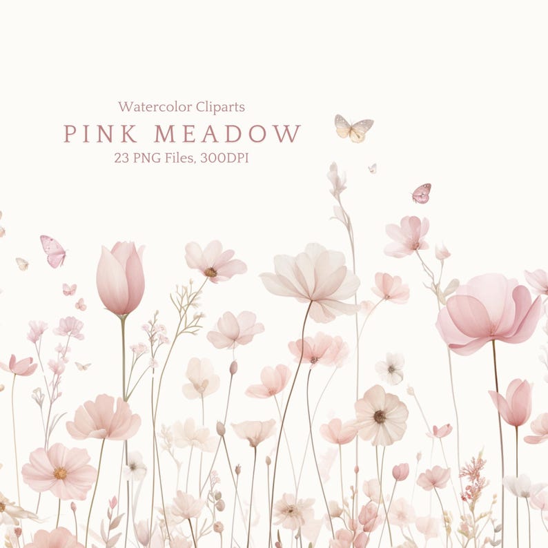 K&ouml;nnte beinhalten: Eine digitale Sammlung von Aquarell-Cliparts mit verschiedenen rosa Blumen und Schmetterlingen. Der Text lautet Watercolor Cliparts PINK MEADOW 23 PNG Files, 300DPI. Die Illustration zeigt eine Wiese mit zarten rosa Blumenst&auml;ngeln.