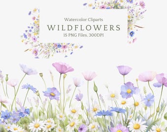 Watercolor Pastel Floral Border Clipart Bundle, Purple & Blue Wildflowers Png, Wildflowers Frames, Cottage Garden, Wedding Invitation