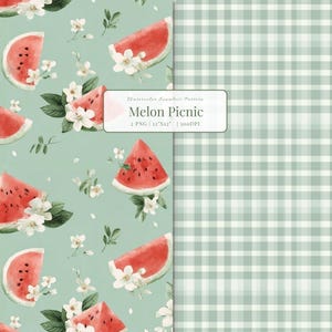 Peut inclure: Motif sans couture à l'aquarelle avec des tranches de pastèque, des fleurs blanches et des feuilles vertes sur un fond vert d'eau clair. Le motif comprend le texte "Melon Picnic" et des dimensions de 30,48 cm x 30,48 cm. Un motif vichy est à droite.