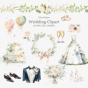 Watercolor Wedding Clipart - Wedding Icons - Wedding Bouquet - Floral Clipart - Wedding invitation - Bow-Eucalyptus - Roses - Bridal Shower