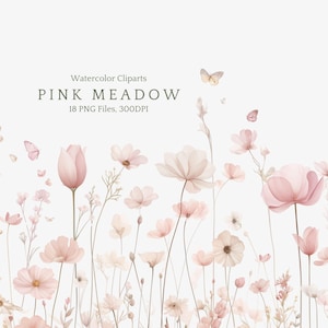 Può includere: Clipart ad acquerello intitolato "PINK MEADOW" con delicati fiori rosa e farfalle. L'immagine include 18 file PNG a 300 DPI, perfetti per progetti di arte e design digitale. I fiori sono di colore rosa.