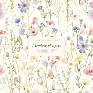 Puede incluir: Patrón continuo de acuarela con flores silvestres en tonos rosa, azul, amarillo y blanco. El diseño incluye delicados elementos florales y el texto "Meadow Wispers". Para uso comercial.