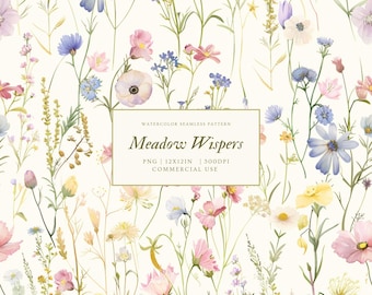 Watercolor Wildflower Seamless Pattern, Meadow Flowers Digital Paper, Soft Floral Repeat, Spring Cottagecore Pattern, Pastel Floral PNG