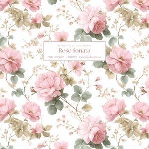 Puede incluir: Patrón continuo de acuarela con rosas rosas y follaje sobre fondo blanco. El diseño incluye el texto "Rose Sonata". Ideal para telas y papeles pintados, el patrón tiene un aire romántico y delicado.