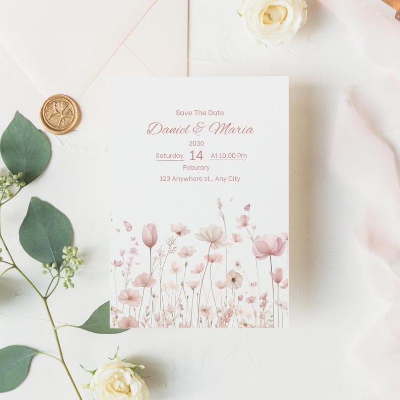 K&ouml;nnte beinhalten: Eine wei&szlig;e Save The Date Karte mit rosa Blumenillustrationen am unteren Rand. Der Text lautet: Save The Date, Daniel & Maria, 2030, Saturday 14 at 10:00 Pm, Feburary, 123 Anywhere st., Any City. Die Karte ist mit gr&uuml;nen Eukalyptusbl&auml;ttern verziert.
