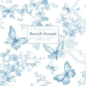 May include: A seamless watercolour pattern with blue butterflies and floral motifs on a white backdrop. The design includes the text "Butterfly Serenade" and details about the pattern's size and commercial use.