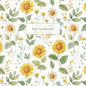 Può includere: Motivo floreale senza cuciture ad acquerello con girasoli, margherite e fogliame verde. Il design include il testo "Soft Sunflower" e le dimensioni "12"x12"" su sfondo bianco. Fiori gialli e bianchi.
