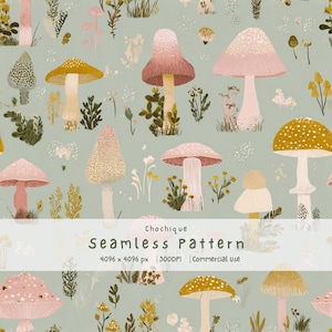 May include: Seamless pattern featuring a variety of colorful mushrooms in shades of pink, yellow, and brown, set against a soft green background. The design includes the text "Seamless Pattern" and "Commercial use".