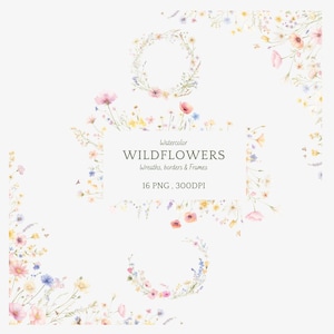 Wild Flowers Watercolor Clipart, Wildflowers Frames Wreaths Bouquets Borders, Floral Frames, Wedding Card, Floral Decors PNG, Summer Flowers