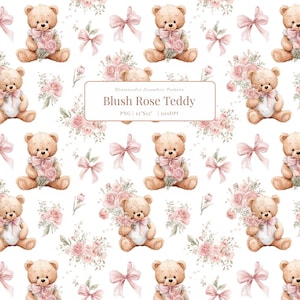 May include: A watercolour seamless pattern with teddy bears, blush roses, and pink bows on a white backdrop. The design includes floral arrangements and the text "Blush Rose Teddy" within a rectangular frame.