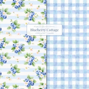 May include: A digital seamless pattern set titled Blueberry Cottage featuring two designs. One side displays watercolor blueberries and white flowers on light blue stripes. The other side shows a light blue and white watercolor gingham check pattern.