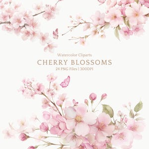 Pode incluir: Ilustração em aquarela de flores de cerejeira rosa e brancas, com borboletas e folhas verdes. O texto "CHERRY BLOSSOMS", "24 PNG Files | 300DPI" e "Watercolor Cliparts" está presente. A imagem tem um estilo suave e artístico.