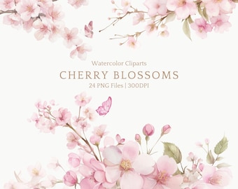 Cherry Blossom Watercolor Clipart Set, Sakura Floral PNG, Pink Spring Flowers, Floral Border Wreath Frame, Commercial Use