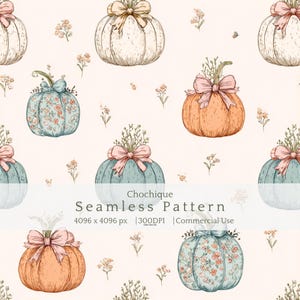 以下が含まれることがあります： 白、オレンジ、ティール色のイラスト入りカボチャが特徴のシームレスパターン。リボンと花のアクセントで飾られています。デザインには小さな花と「Chochique Seamless Pattern」の文字が含まれています。