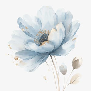 May include: Watercolor illustration of a large, light blue flower with gold accents. The flower has multiple petals and a dark center. Several smaller buds and leaves are also visible, with a white background.