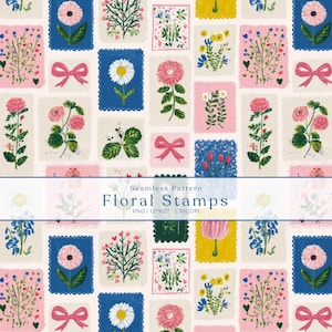 Floral Patchwork Seamless Pattern, Cottagecore Digital Paper, Vintage Postage Flower Bows Pattern, Scrapbook Fabric Print