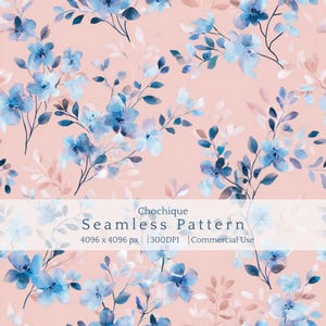 May include: A seamless pattern featuring watercolor-style blue flowers and leaves on a soft pink background. The design includes the text "Chochique Seamless Pattern" with resolution and usage details. Ideal for fabric or wallpaper.