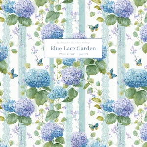 May include: A watercolour seamless pattern with blue hydrangeas, butterflies, and green leaves. The design includes vertical stripes with lace accents and the text "Blue Lace Garden". The pattern is 30.48cm x 30.48cm.