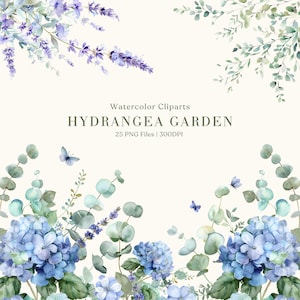 May include: Watercolor clipart featuring blue hydrangeas, lavender, and eucalyptus leaves. The image includes the text "Watercolor Cliparts HYDRANGEA GARDEN 25 PNG Files | 300DPI" and small blue butterflies. The floral design is set against a cream background.