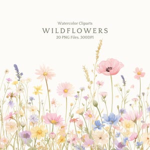 May include: A digital collection of watercolor cliparts featuring various wildflowers in shades of pink, yellow, blue, and purple. The text reads Watercolor Cliparts WILDFLOWERS 20 PNG Files, 300DPI. The flowers are arranged in a meadow-like composition.