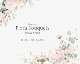 Watercolor Blush Pink Floral Clipart, Peony & Rose Bouquets (PNG Download), Wedding Flower Clipart, Wedding Card, Pink Rose Floral Wreath
