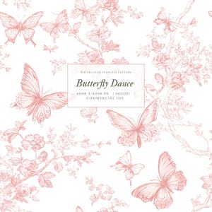 May include: A seamless watercolour pattern with butterflies and floral motifs in soft pink on a white backdrop. The text "Butterfly Dance" is displayed in an elegant font. The design is suitable for commercial use.