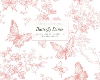 Pink Butterfly Toile Seamless Pattern: Romantic Vintage Floral Motif, Cottagecore Rose Png, French Botanical Pattern, Digital paper, Fabric