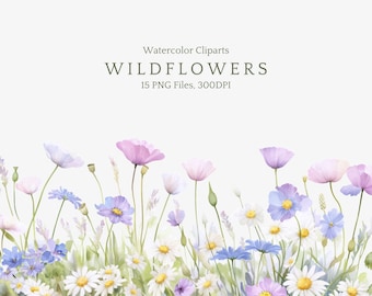 Watercolor Floral Border Clipart, Purple & Blue Wildflowers Png, Wildflowers Frames, Spring Flowers, Watercolor Clipart