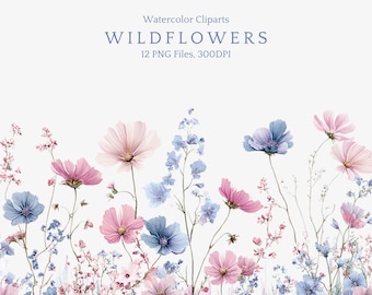 Watercolor Floral Border Png, Wildflowers Borders, Pink Blue Flowers, Wildflowers Clipart, Pastel Floral Clipart, Wedding Card, Flower Field