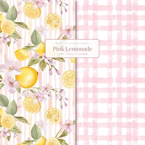 Könnte beinhalten: Nahtloses Aquarellmuster mit Zitronen, Blumen und Blättern auf gestreiftem Hintergrund. Das Muster enthält den Text "Pink Lemonade". Das Design ist mit einem rosa Karomuster kombiniert.