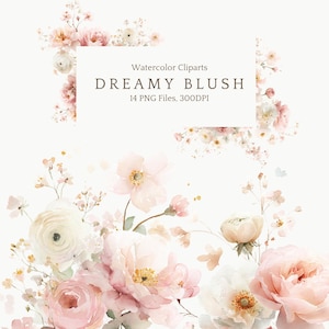 Puede incluir: Ilustración en acuarela de flores rosas y blancas, con rosas y peonías. El texto "DREAMY BLUSH" se muestra sobre un fondo blanco, con los detalles "14 archivos PNG, 300DPI".