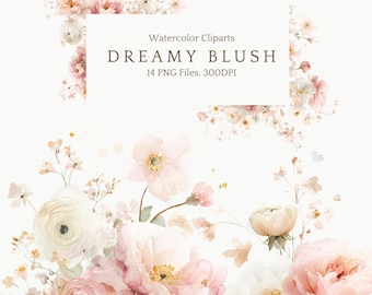 Dreamy Blush Watercolor Floral Clipart Set,  Romantic Rose Peony Bouquet, Wreath & Frame, Soft Pink Floral Border, Digital Download