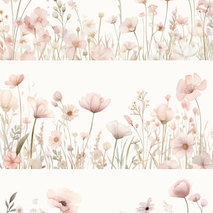 K&ouml;nnte beinhalten: Eine Sammlung von Aquarell-Cliparts mit rosa Wiesenblumen. Der Text lautet Watercolor Cliparts PINK MEADOW 23 PNG Files, 300DPI. Das Bild zeigt verschiedene zartrosa und wei&szlig;e Blumenstiele, Knospen und Bl&uuml;tenbl&auml;tter in drei Reihen.