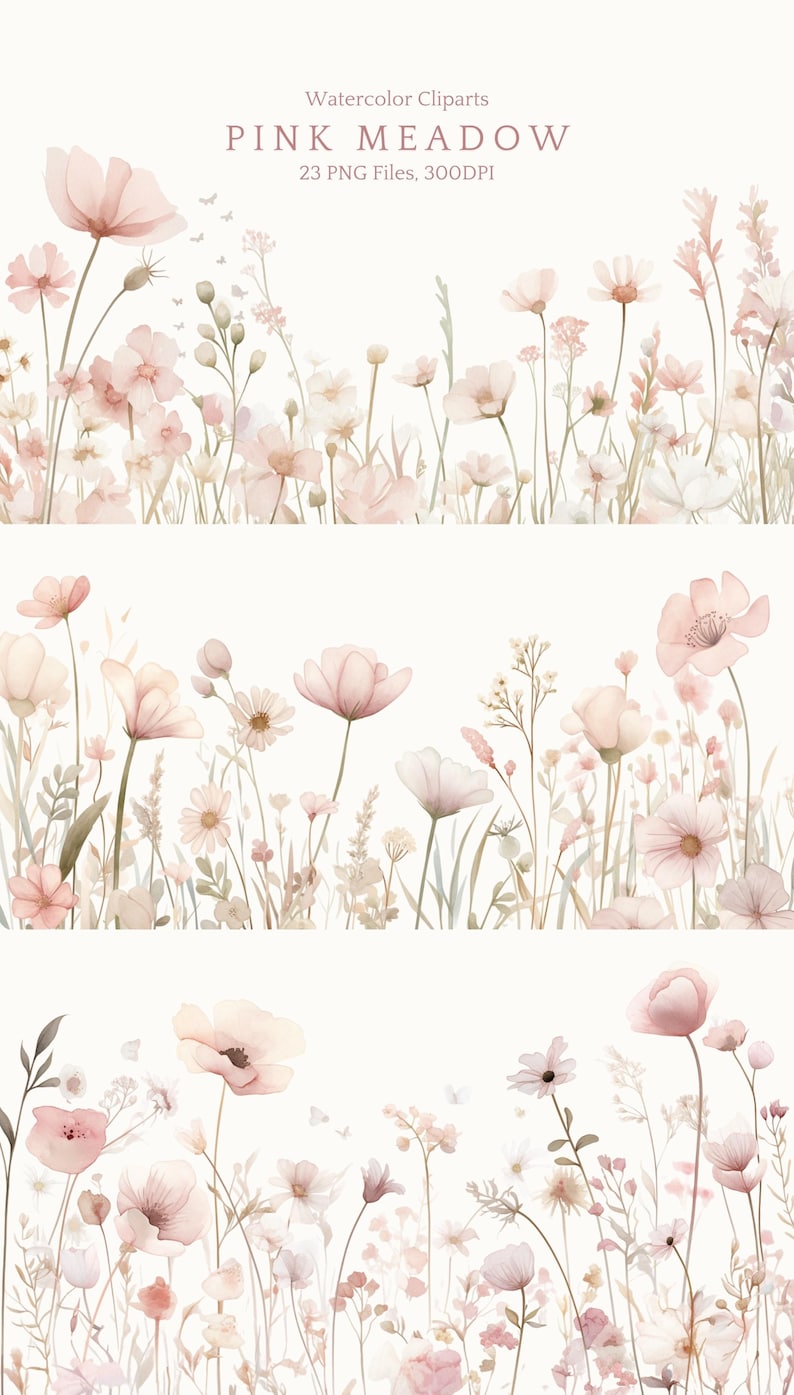 K&ouml;nnte beinhalten: Eine Sammlung von Aquarell-Cliparts mit rosa Wiesenblumen. Der Text lautet Watercolor Cliparts PINK MEADOW 23 PNG Files, 300DPI. Das Bild zeigt verschiedene zartrosa und wei&szlig;e Blumenstiele, Knospen und Bl&uuml;tenbl&auml;tter in drei Reihen.
