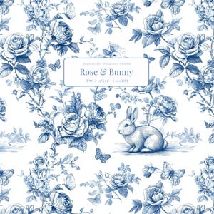 Può includere: Motivo floreale acquerello senza cuciture con rose blu, farfalle e un coniglio su sfondo bianco. Il design include il testo "Rose & Bunny" e le dimensioni "12"x12"" in una cornice rettangolare. Adatto per tessuti.