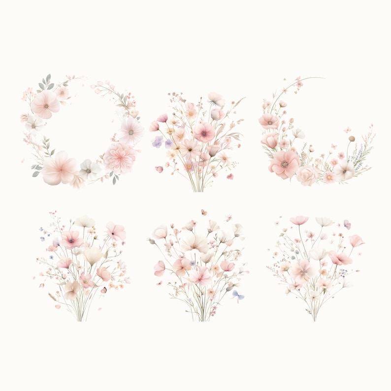 Aquarell-Blumenrahmen (PNG), Cliparts mit rosa Wildblumen, Sträuße mit rosa Wildblumen, Babyparty für Mädchen, Brautparty, Einladungskarte Bild 5