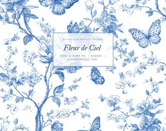 Blue Butterfly Toile Seamless Pattern: Vintage Floral Design (Digital Paper, PNG File), Botanical Garden Png, Blue Chinoiserie Background