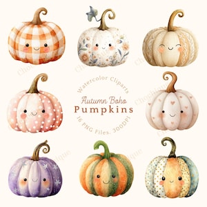 May include: A collection of nine watercolour pumpkins with smiling faces, in a variety of patterns and colours. The image includes text that reads "Autumn Boho Pumpkins".