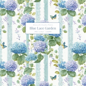 May include: Watercolor seamless pattern titled "Blue Lace Garden" featuring blue and purple hydrangeas, butterflies, and green leaves. The design includes vertical stripes and lace accents, with the dimensions of 12"x12".