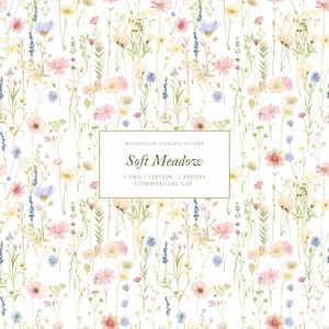 Può includere: Motivo senza cuciture ad acquerello con un design di prato morbido. Il motivo presenta una varietà di fiori selvatici in colori pastello come rosa, giallo e blu, su sfondo bianco. Il testo "Soft Meadow" è visualizzato in un riquadro rettangolare.