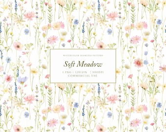 Watercolor Wildflower Seamless Pattern, Meadow Flowers Digital Paper, Soft Floral Repeat, Spring Cottagecore Pattern, Pastel Floral PNG