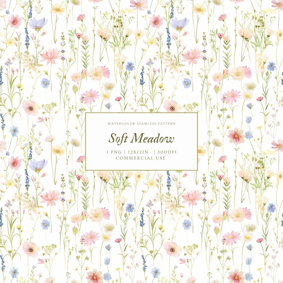 Watercolor Wildflower Seamless Pattern, Meadow Flowers Digital Paper, Soft Floral Repeat, Spring Cottagecore Pattern, Pastel Floral PNG