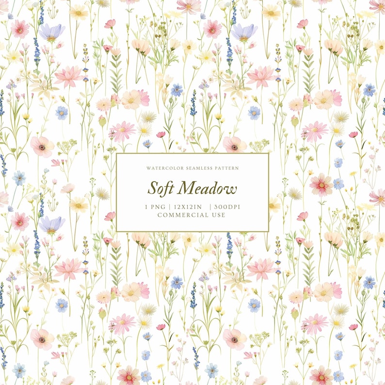 May include: Watercolor seamless pattern featuring a soft meadow design. The pattern includes a variety of wildflowers in pastel colors such as pink, yellow, and blue, set against a white background. The text "Soft Meadow" is displayed in a rectangular frame.