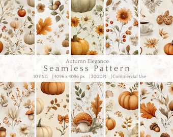 Cottagecore Autumn Seamless Repeat Pattern, Cozy Fall Pumpkin Floral Digital Paper, Mushroom acorn pattern, Watercolor Fall Scrapbook Paper