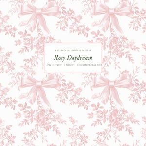 Può includere: Un motivo acquerello senza cuciture in rosa tenue e bianco, con fiocchi e motivi floreali. Il design include il testo "Rosy Daydream" e altri dettagli. Il motivo misura 30,48 x 30,48 cm ed è adatto per uso commerciale.